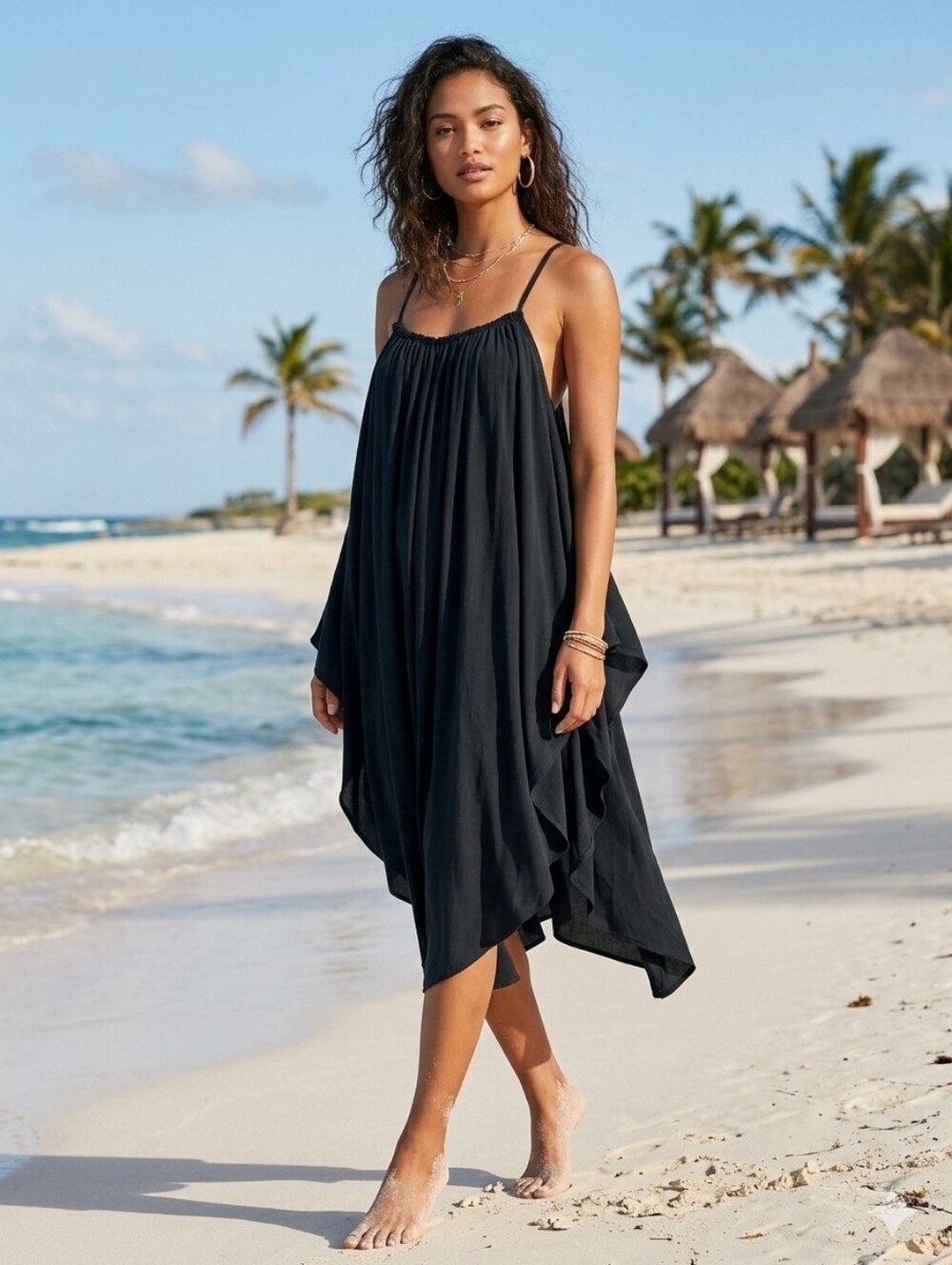 Free People Beach Cover Up Dress Midi Women's XL Black Spaghetti Strap EUC